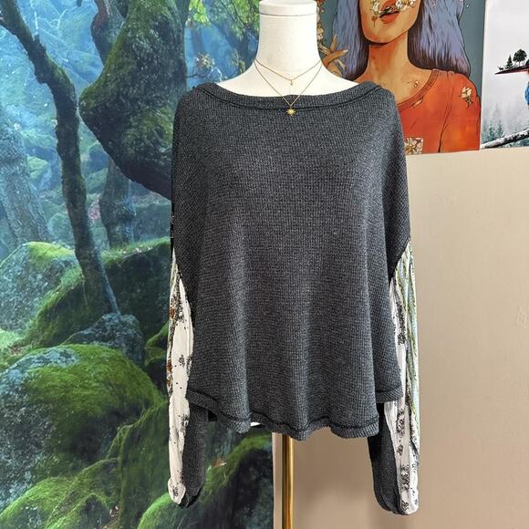 we the free mixed print thermal top -- boho balloon sleeve free people - Picture 3 of 7